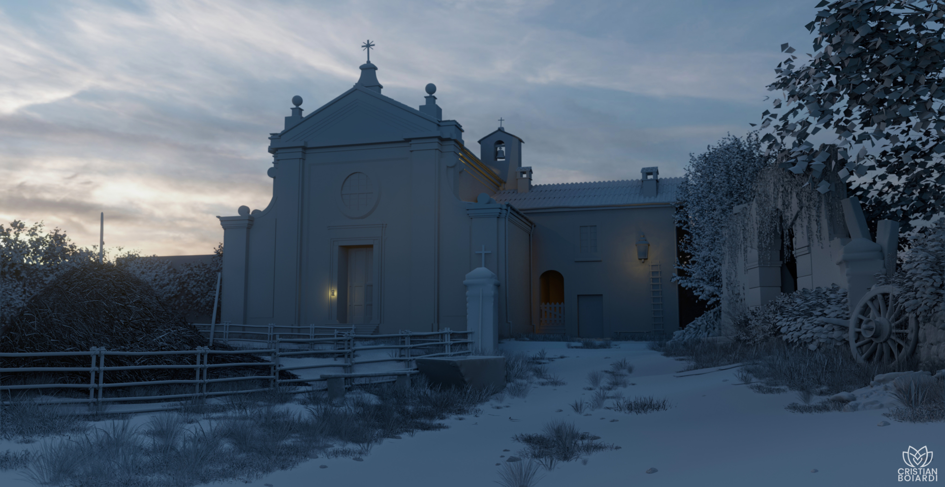 cristian-boiardi-a-church-at-sunset-in-the-18th-century-in-romagna-white